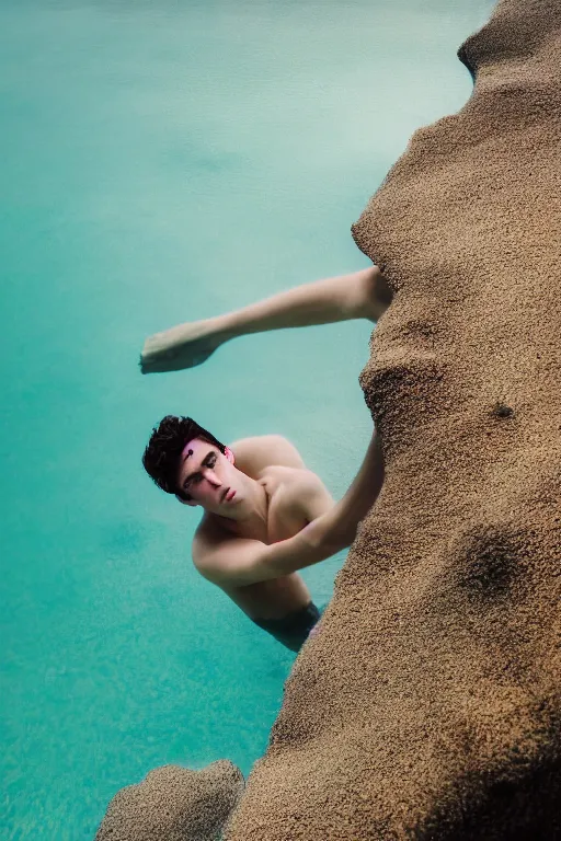 Image similar to high quality pastel coloured film mid angle docu photograph of a beautiful young 2 0 year old male, soft features, short black hair, falling, jumping in an icelandic black rock pool environment. atmospheric. three point light. photographic. art directed. ( pastel colours ). volumetric light. clearcoat. waves glitch. 8 k. filmic.