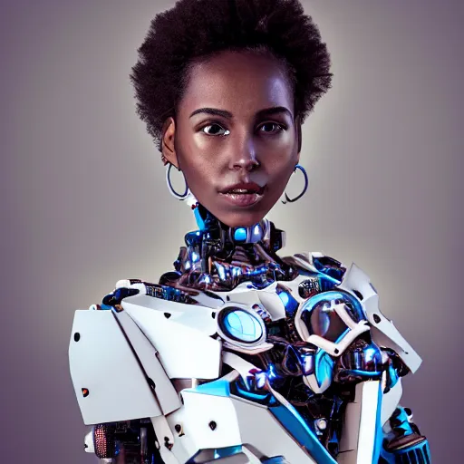 Prompt: beautiful centered fine art photo portrait of beautiful black girl with solarpunk mecha humanoid parts with led lights, sexy pudica pose gesture, photorealistic, white background, highly detailed and intricate, soft box lighting, shallow depth of field hdr 8 k