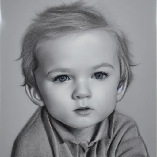 Prompt: pencil drawing of a toddler boy with curly light blond hair and blue eyes, realistic