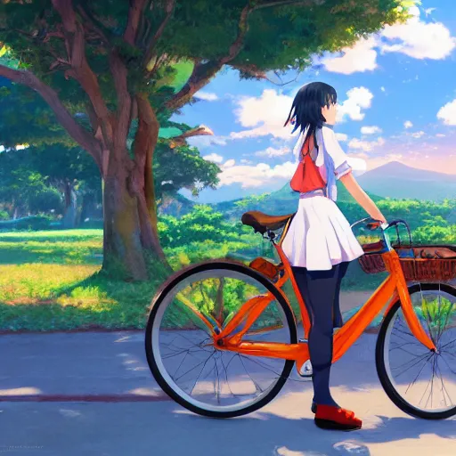 Prompt: anime girl with typical colombian clothes in a bike looking back with armenia quindio in the background , Artwork by Makoto Shinkai, pixiv, 8k, official media, wallpaper, hd