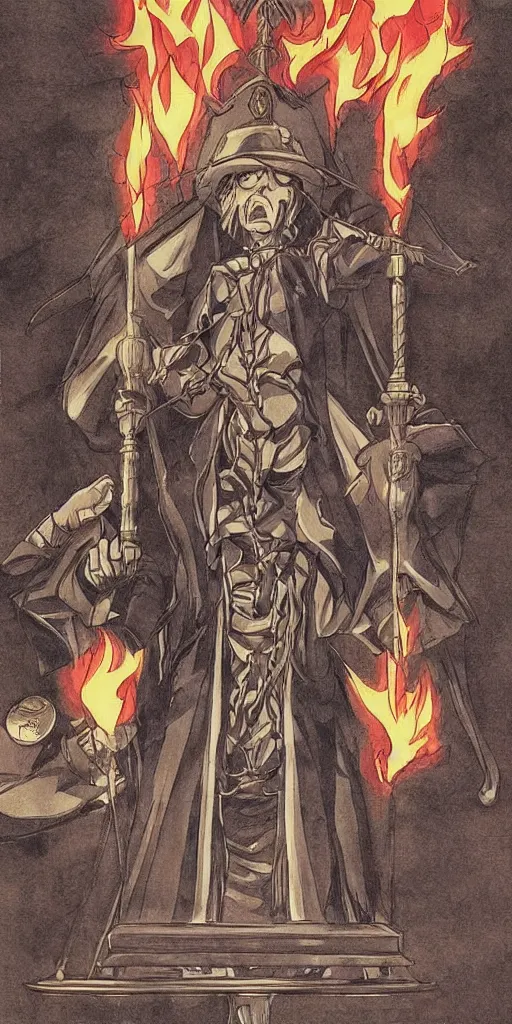 Prompt: powerful anime judge with a magic gavel on fire, in a court room with a justice scale on his desk, drawn by a famous anime artist, high quality, fine lines, amazing detail. colored, intricate ink painting detail, the justice tarot card , psychedelia