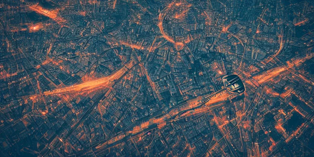 Image similar to cinematic street shot of a flying city saint petersburg on earth orbit, telephoto, anamorphic cinematography, beautiful composition, color theory, leading lines, photorealistic, moody volumetric lighting