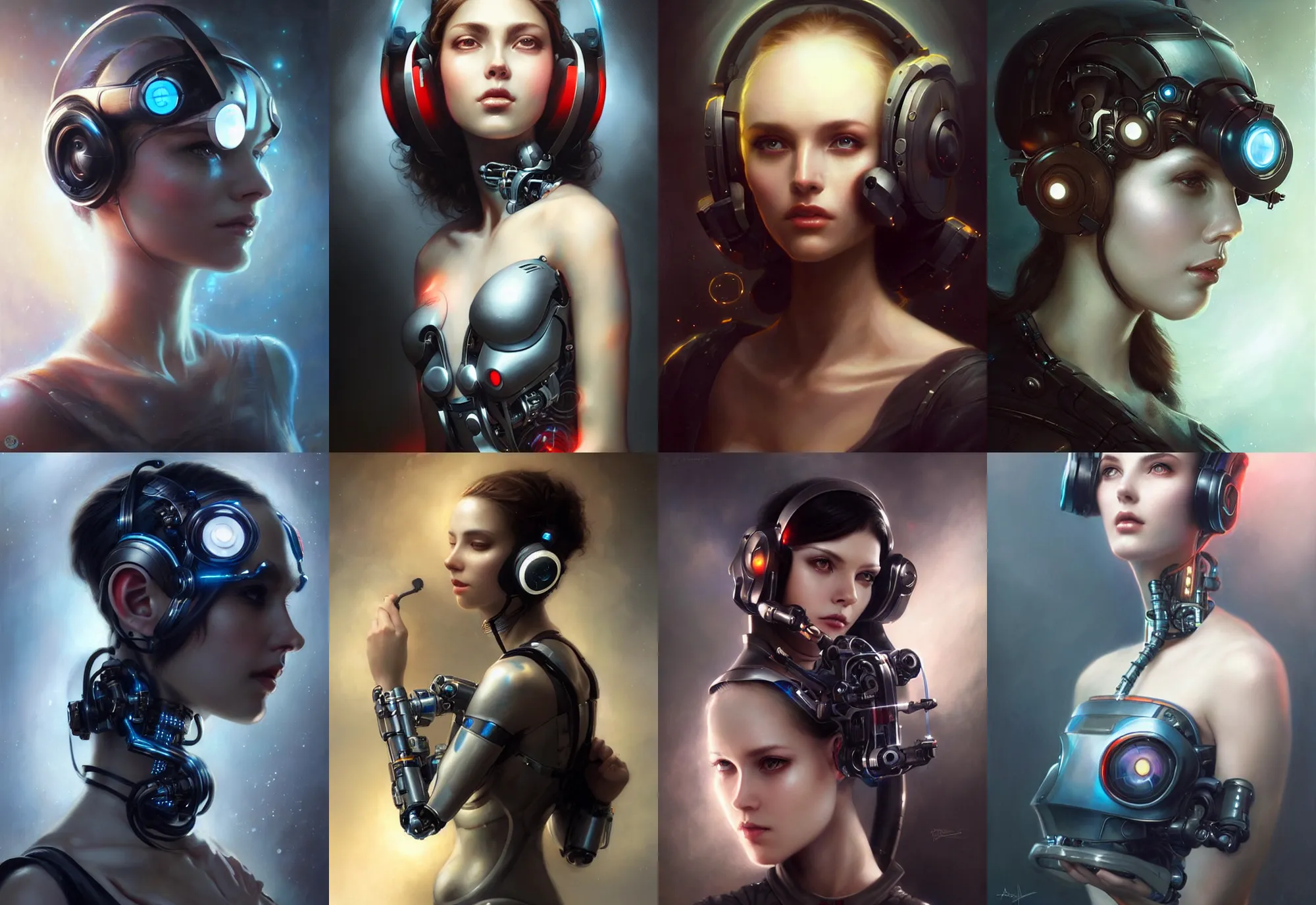 Prompt: a beautiful woman wearing a cybernetic headset, painted by artgerm and tom bagshaw, fantasy art, dramatic lighting, highly detailed oil painting