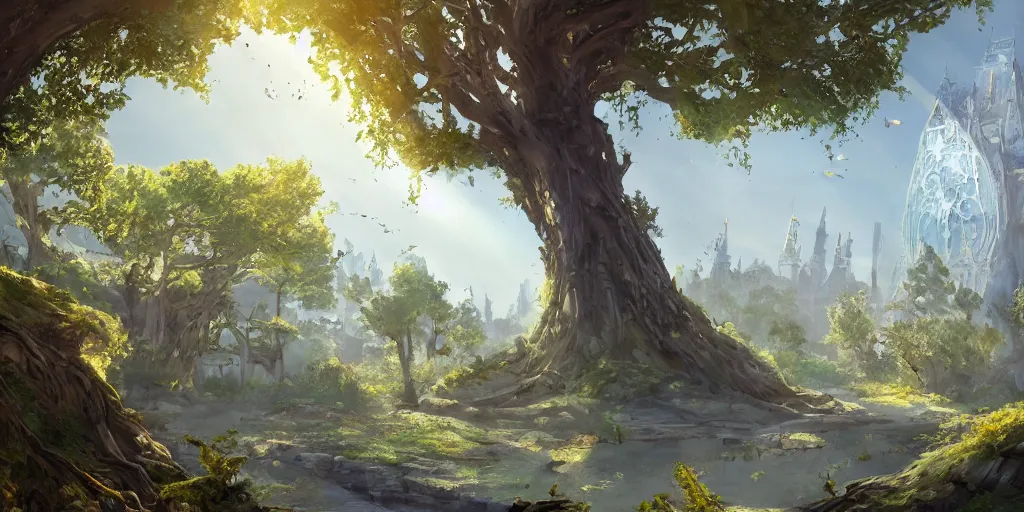 Prompt: a fantasy city built nestled between the giant branches of a tree, illustration, bright sunlight, sun glints, sunrays, digital art, hyperrealistic, oil painting, fantasy, 8 k, trending on artstation, detailed