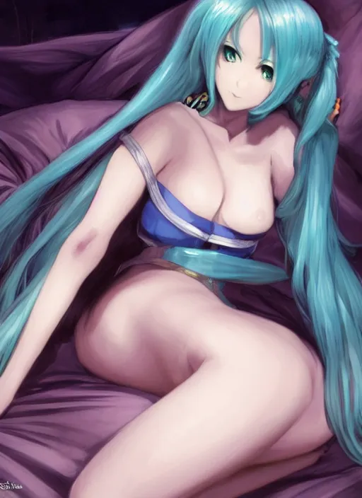 Prompt: rogue anime girl hatsune miku in the negligee in bed, hourglass slim figure, green blue long hair and attractive features, dungeons and dragons portrait, seductive smile, highly detailed, digital painting, artstation, concept art, sharp focus, illustration, art by artgerm and greg rutkowski and alphonse mucha