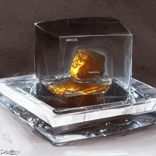 Prompt: ice cube on a glass table geog darrow greg rutkowski