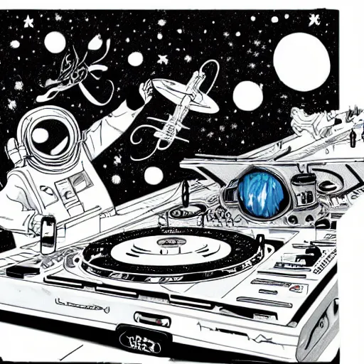 Prompt: james jean, mcbess art of a dj playing in outerspace, sketch