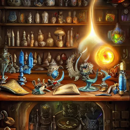 Image similar to photorealistic, tony sart, table, wizards laboratory, mortar, pestle, scales, magic book, beaker, energy