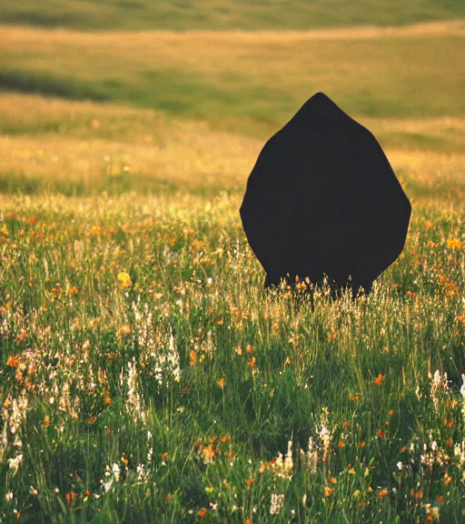 Prompt: tall hooded shadow person figure standing in distance at beautiful meadow of flowers, film photo, grainy, high detail, high resolution