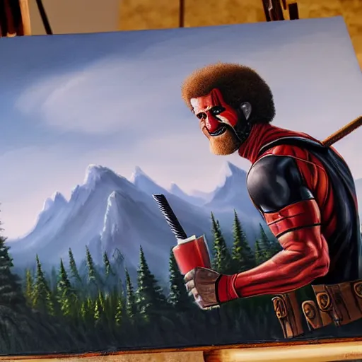 Image similar to a closeup photorealistic photograph of bob ross working on a canvas painting of deadpool. film still. brightly lit scene. mountains and trees. this 4 k hd image is trending on artstation, featured on behance, well - rendered, extra crisp, features intricate detail, epic composition and the style of unreal engine.