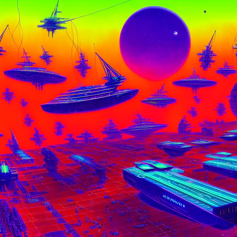 Prompt: ships docking at space colony, ( ( synthwave ) ), ( ( fractal waves ) ), bright neon colors, highly detailed, cinematic, tim white, roger dean, michael whelan, caza, bob eggleton, philippe druillet, vladimir kush, kubrick, alfred kelsner, vallejo