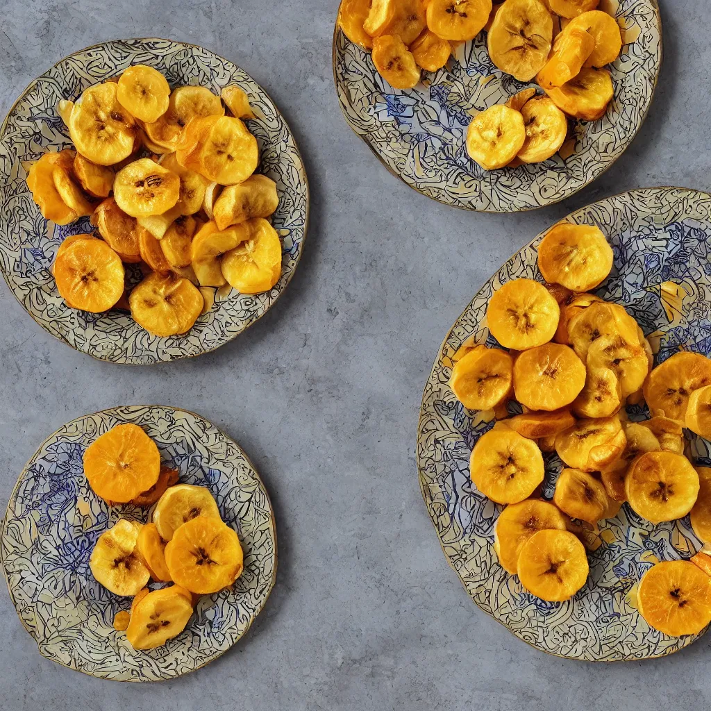 Prompt: roasted bananas peals with cut orange slices, in designer plate with flowery pattern art nouveau embroidered, closeup, hyper real, food photography, high quality