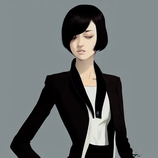 Image similar to slim cruel business girl in tuxedo with black bob hair, elegant, 2d, ultra highly detailed, digital painting, smooth, sharp focus, artstation, art by Ilya Kuvshinov