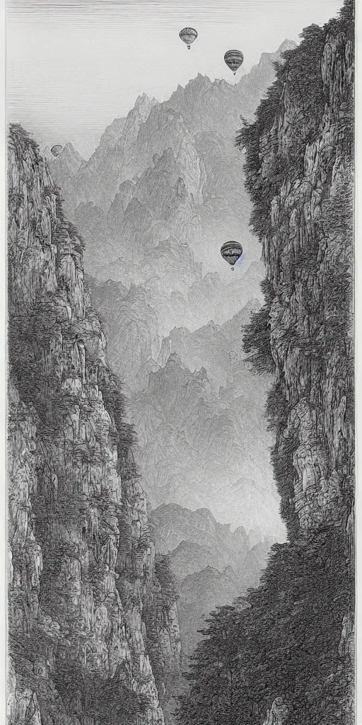 Prompt: an engraving of a hot air balloon flying through the zhangjiajie national forest park by gustave dore, highly detailed, storybook illustration, shan shui, chinese landscape, lithograph engraving