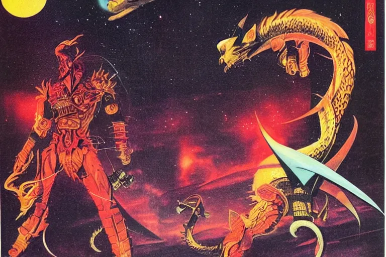 Image similar to 1979 OMNI Magazine Portrait of a dragonborn in neo-tokyo style by Vincent Di Fate. DND character art