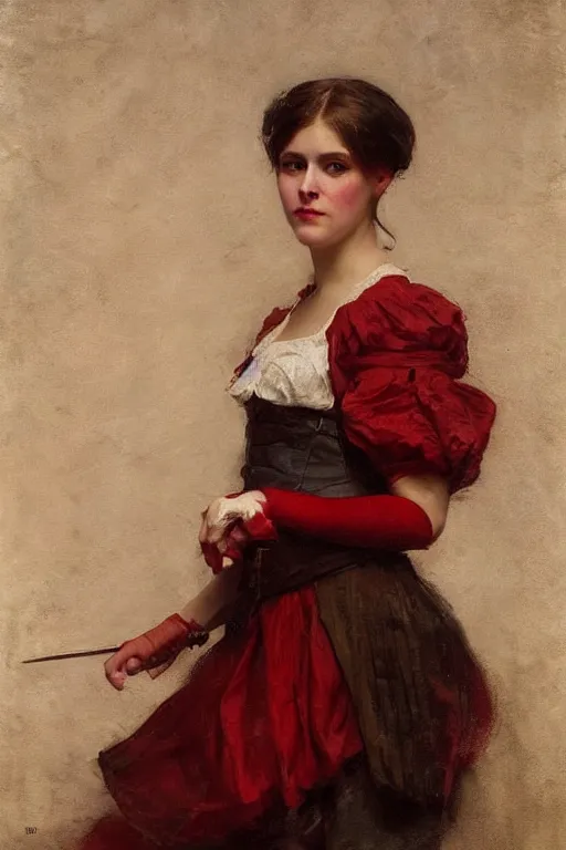 Image similar to Solomon Joseph Solomon and Richard Schmid and Jeremy Lipking victorian genre painting full length portrait painting of a young beautiful woman traditional german french barmaid in fantasy costume, red background