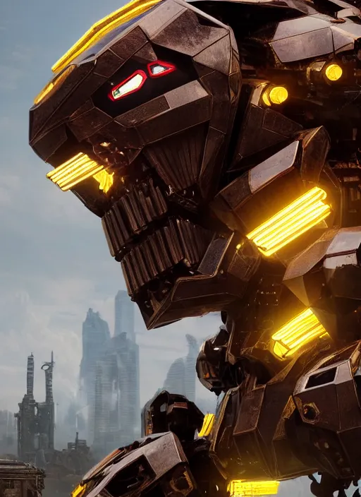 Image similar to a shiny ornate boxing humanoid mecha in ruin city, victory, bright, by war robots, real steel ( 2 0 1 1 ), westworld and eve venture and pacific rim and machine warrior 5, cryengine, frostbite 3 engine, scarlet and yellow scheme, sharp focus, 8 k, high definition, insanely detailed, soft lighting, smooth face