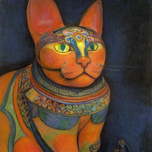 Image similar to cloisonne cat head sculpture, by annie swynnerton and diego rivera and nicholas roerich and jean delville, symbolist, dramatic lighting, god rays, art brut, rich colors, smooth, sharp focus, extremely detailed, adolf wolfli, by janet fish