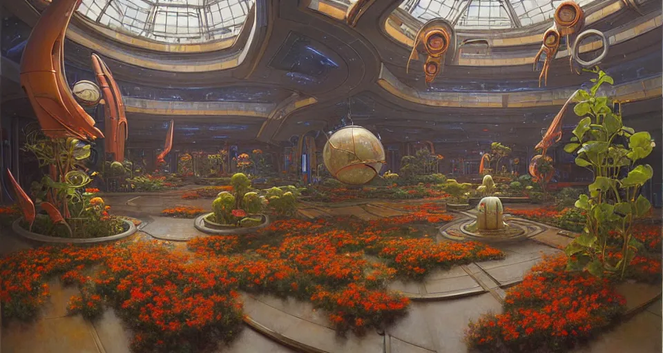 Image similar to a minimalist oil painting by donato giancola and james gurney, warm coloured, cinematic scifi luxurious futuristic foggy steam filled megalithic garden circular shopping mall interior with microscopy minimalist giant windows flowers growing out of pretty bulbous ceramic fountains, gigantic pillars and flowers, maschinen krieger, beeple, star trek, star wars