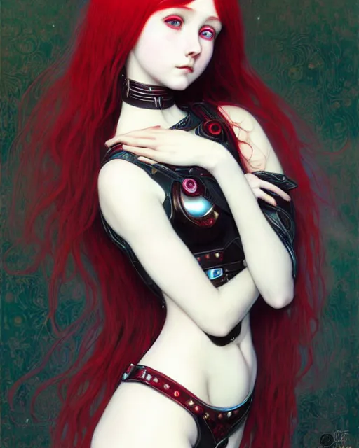 Image similar to portrait of beautiful cute young goth maiden girl with red hair in warhammer armor, art by ( ( ( kuvshinov ilya ) ) ) and wayne barlowe and gustav klimt and artgerm and wlop and william - adolphe bouguereau