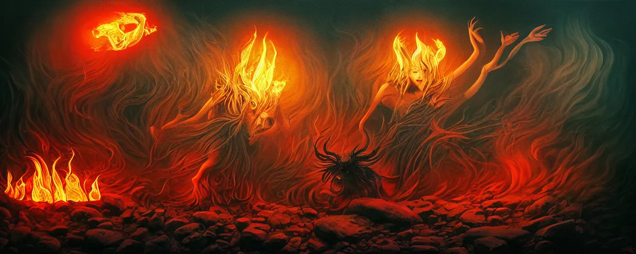 Image similar to wild emotion and thought creatures repressed in the depths unconscious of the psyche lead by baba yaga, about to rip through and escape in a extraordinary revolution, dramatic fire glow lighting, surreal painting by ronny khalil