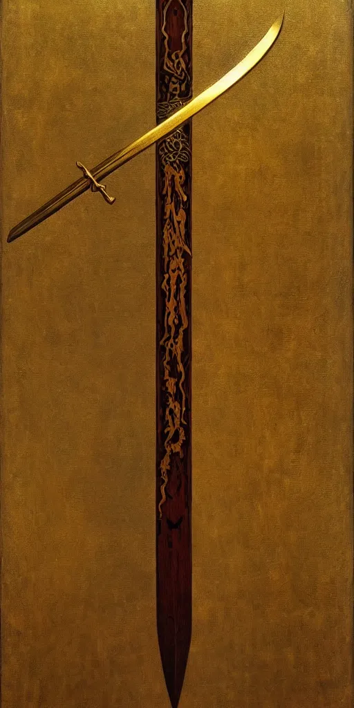 Image similar to a sword in the style of zdzisław beksinski, elegant, gold and oak inlay, wing motif, holy, wooden handle, golden blad