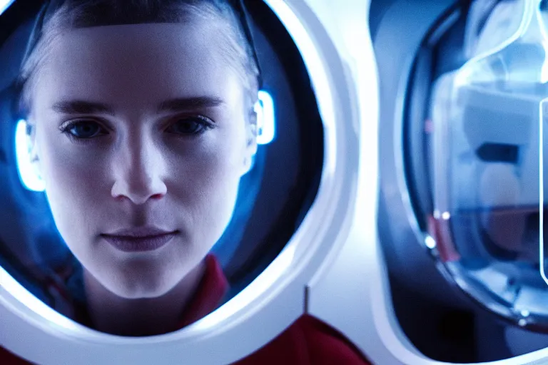 Image similar to VFX movie of a futuristic spaceman closeup portrait in high tech spaceship, beautiful natural skin neon lighting by Emmanuel Lubezki