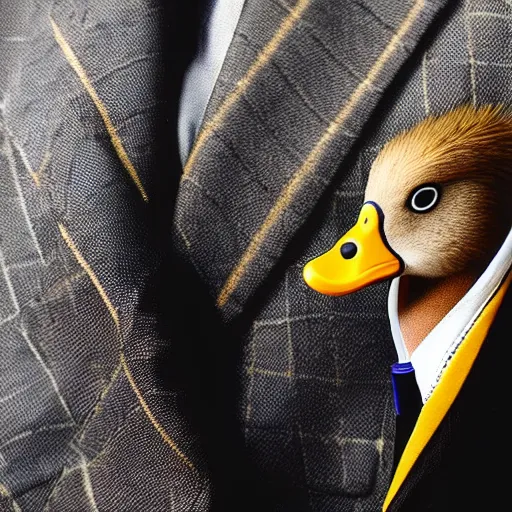 Image similar to A high detail closeup shot of a duck wearing a suit