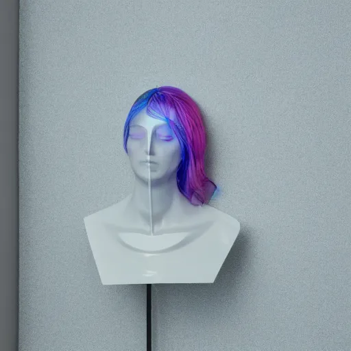 Prompt: an ultra high definition professional studio quality photograph of a transparent iridescent perspex pastel coloured head dress on a white coat hook in an empty white room. dramatic lighting, ray tracing, refraction, shallow d. o. f, colour corrected, golden ratio, three point light. volumetric shadows..