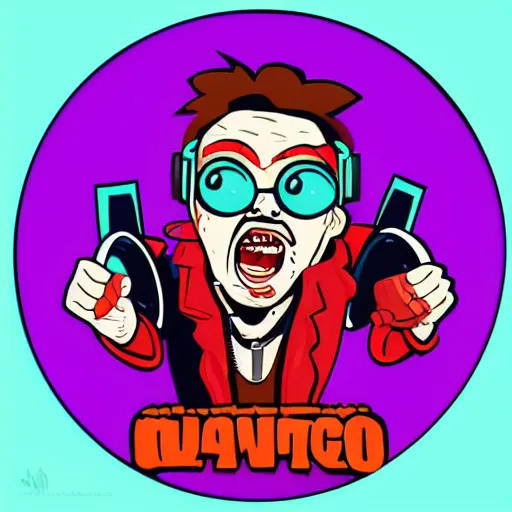 Image similar to svg vector sticker of absolutely insane-mad-scientist-villain, rocking out, wearing headphones, huge speakers, dancing, rave, DJ, spinning records, digital art, amazing composition, rule-of-thirds, award-winning, trending on artstation, featured on deviantart