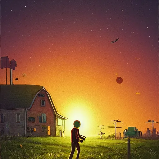 Prompt: metallic android carrying a sleeping child, background of farmland, buildings on fire, no blur, very detailed, nighttime, in the style of Simon Stalenhag