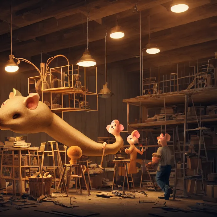 Prompt: crew of workers building giant mouse - prop - head in quaint workshop, octane render, 4 k ultra hd, hyper - detailed, realistic, seedy lighting, sharp focus, in style of beeple