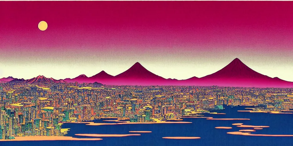 Prompt: skyline of a large metropolis, large mountain looming in the background, acid and dreaming psychedelic hallucinations, by kawase hasui, moebius and edward hopper, colorful flat surreal design, hd, 8 k, artstation