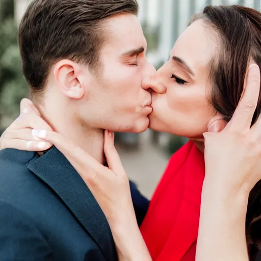 Prompt: a woman in a red dress kissing a man in a suit with both of them having a blanket completely covering their heads