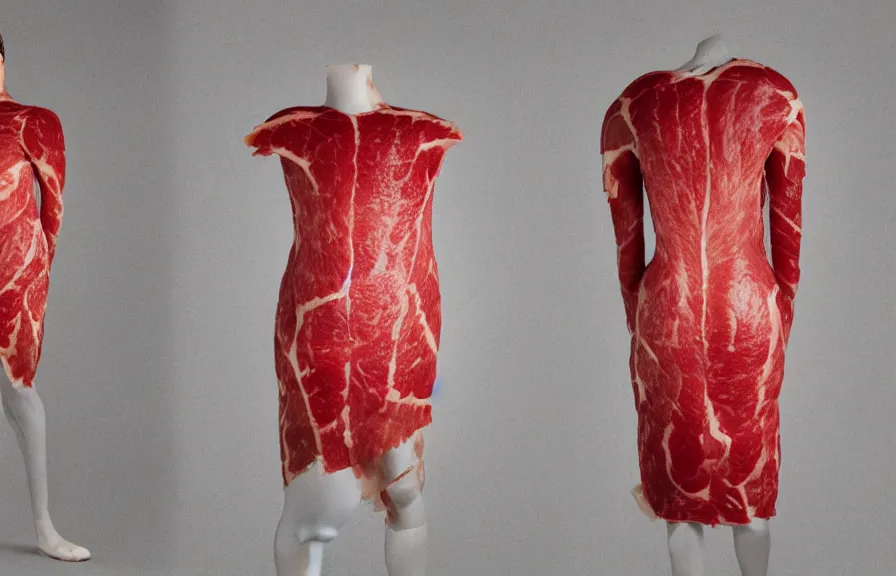 Prompt: dress made out of meat, catalogue photograph