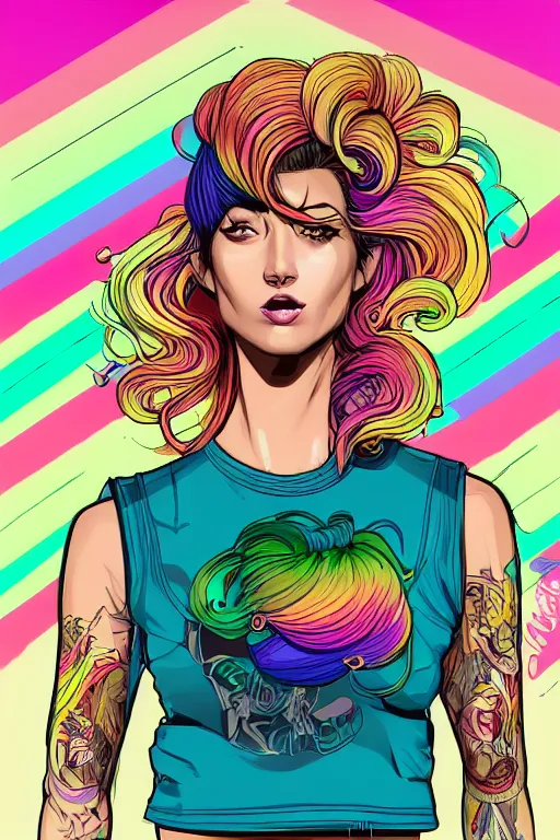 Image similar to a award winning half body portrait of a beautiful woman with stunning eyes in a printed croptop and cargo pants with rainbow colored ombre hairstyle head in motion and hair flying by josan gonzales, outrun, vaporware, shaded flat illustration, digital art, trending on artstation, highly detailed, fine detail, intricate