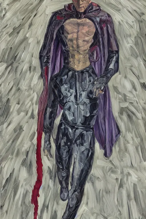 Image similar to Magneto fully costumed from the X-Men oil painting by Lucian Freud