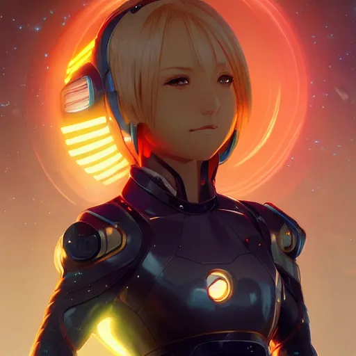 Prompt: blonde anime girl in a futuristic spacesuit, atmospheric, volumetric lighting, glowing lights, 4k, octane, digital painting, artstation, concept art, sharp focus, illustration, art by artgerm and greg rutkowski and alphonse mucha