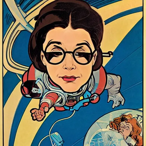 Prompt: a woman with straight brown hair and glasses, floating in space. she is an astronaut, wearing a space suit, slightly chubby. well composed, clean elegant painting, beautiful detailed face. comic book art by steve ditko and jack kirby and ( alphonse mucha )