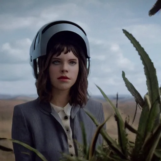 Image similar to movie still of a girl with a cyborg plants helmet, cinematic composition, cinematic light, by edgar wright and david lynch