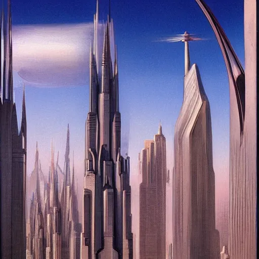 Prompt: by jim burns tranquil, angular. a beautiful land art of a cityscape with tall spires & delicate bridges.