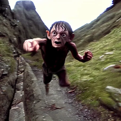 Prompt: Gollum running from frodo, action , go pro footage