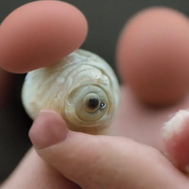 Prompt: a very cute tiny baby tardigrade with huge eyes emerging from a chicken - egg as he breaks through the shell and peaks out for the first time, awww it's a perfect baby tardigrade, how cute?