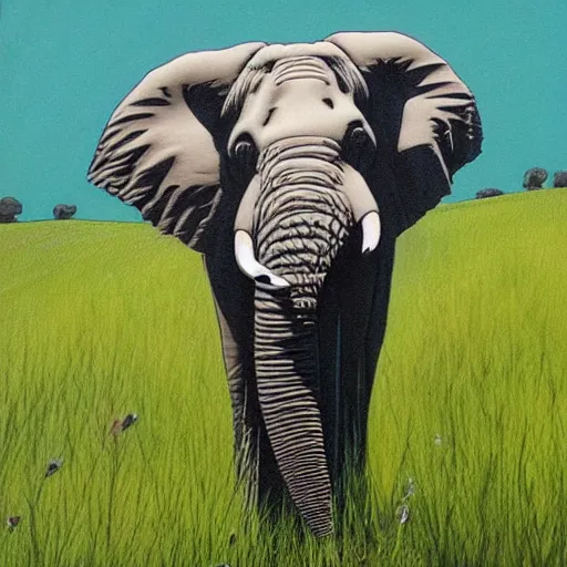 Prompt: an elephant on a green meadow art by Groening Matt