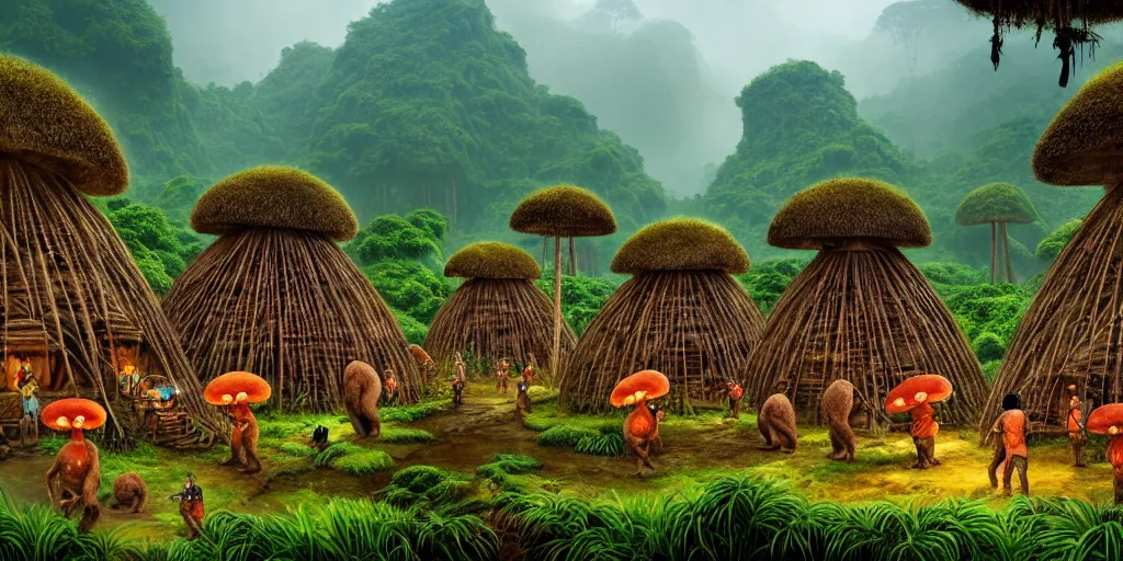 Image similar to a jungle village of alino gorillas and their mushroom huts, matte oil painting, retrofuturistic, science fantasy, salt, rust, mutant, lgbt, queer, rpg, epic, dungeons & dragons, sacred, sharp focus, award - winning, extremely detailed, 4 k, 8 k