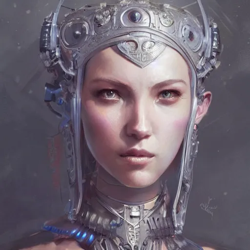 Image similar to a beautiful portrait of a robot goddess, a detailed painting by greg rutkowski and raymond swanland, featured on cgsociety, fantasy art, detailed painting, artstation hd, photorealistic