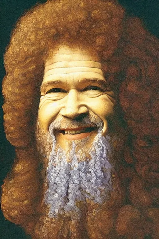Prompt: a portrait of bob ross in the style of a leonardo davinci painting, oil painting, bob ross smiling