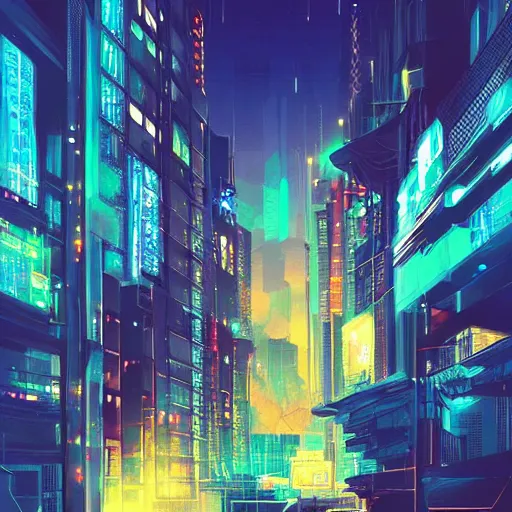 Image similar to digital painting of a city at night, cyberpunk art by Makoto Shinkai, pixiv, color field, anime aesthetic, vivid colors, colorful, trendy on behance hd