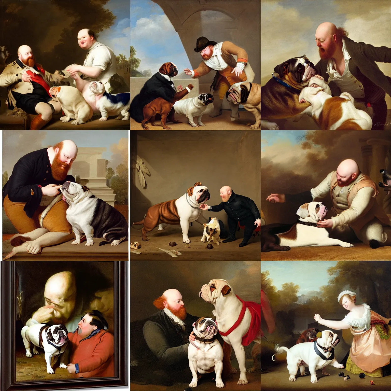 Prompt: playful portrait of angriestpat petting a very brown fat english bulldog by joseph ducreux