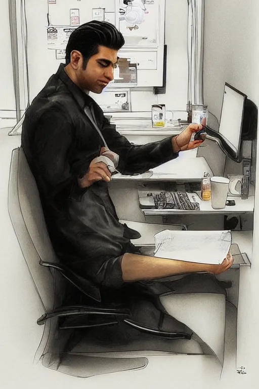 Prompt: a clean - shaven persian man drinking coffee from a paper cup at his work cubicle in front of a computer, by artgerm and yoshitaka amano, trending on artstation